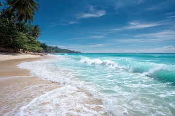 Turquoise ocean waves crashing on a tropical sandy beach with palm trees