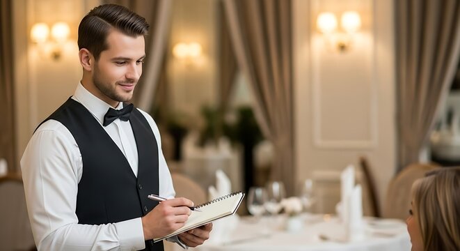 Attentive waiter taking order with notepad and pen in a formal dining setting ready to serve with style and professional dedication