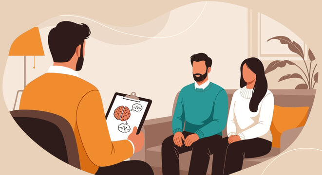 Therapy session with a couple discussing mental health and relationship challenges with a professional counselor guiding the conversation through visual aids and open communication techniques