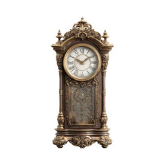 Tall grandfather clock with ornate golden frame and wooden body isolated on transparent background for vintage design
