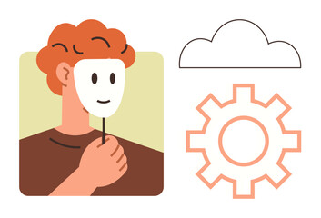 Person holding a smiling mask, adjacent cloud, and gear elements. Ideal for identity, technology, creativity, teamwork, problem-solving personal growth and innovation. Simple flat metaphor