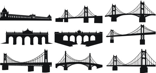 Black and white bridge vector illustrations, silhouette collection, iconic structures set, suspension, arch, cable-stayed, urban infrastructure, two towers, river, waterway