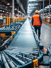 A worker in an orange safety vest walks along a conveyor belt in a vast, modern production facility. The image captures industry, precision, and workplace vigilance.