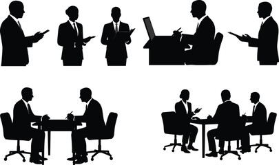business people, office meeting, teamwork, silhouette, laptop, clipboard, discussion, collaboration, seated, standing, document, workplace