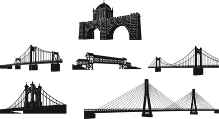 Black and white bridge vector illustrations, architectural silhouette set, suspension, arch, cable-stayed, covered bridge, gateway, tower, structure, engineering design