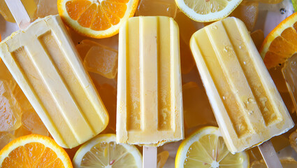 Refreshing homemade popsicles with orange and lemon slices on ice, a delightful treat for hot summer days, offering a burst of citrusy flavor