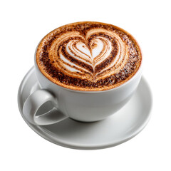 White ceramic coffee cup filled with cappuccino and frothy milk foam isolated on transparent background for café design