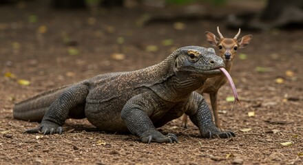 Fototapeta premium Magnificent Komodo Dragon Sticking Out Its Tongue While Deer Stands Guard