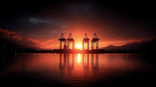 Port Crane Silhouettes Against a Stunning Sunset