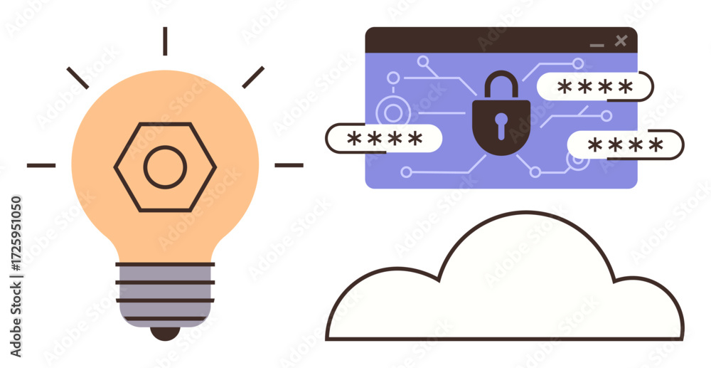 Aufkleber lightbulb symbolizing innovation, browser tab with padlock and passwords indicating security, and cl