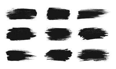 Set of black ink brush stroke textures isolated on white background, grunge paint smear collection, abstract artistic vector illustration for design, template, or creative artwork