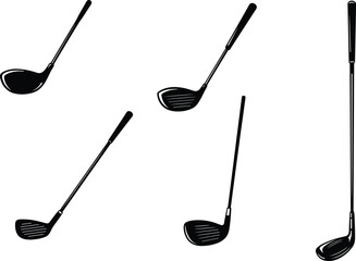 Black and white golf club silhouettes illustration, sports vector design, athletic equipment graphic, professional golfing gear artwork, minimal icon, competition element