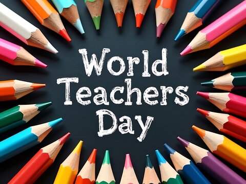 Colorful pencils form a circle around world teachers day message