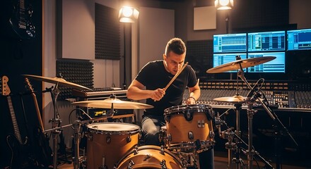 Musician passionately playing drums in a recording studio surrounded by instruments and sound equipment creating rhythmic music