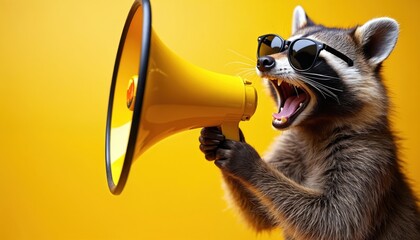 Cool raccoon wearing sunglasses holds yellow megaphone, shouting. Animal image uses bright yellow background, emphasizing fun communication, wildlife themes. Perfect for campaigns, promotions, social