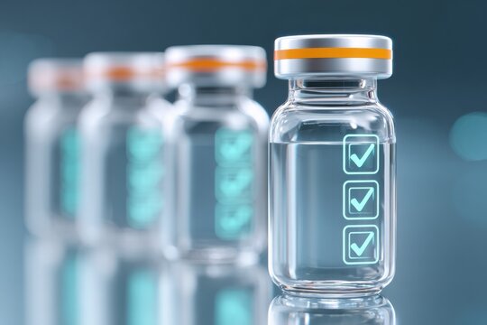 Illustration of peptide vials with digital overlay, showcasing transparent glass containers with checkmarks, reflecting modern pharmaceutical technology and innovation in a clinical setting
