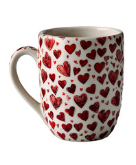 White ceramic coffee mug printed with red heart pattern isolated on transparent background for romantic design projects