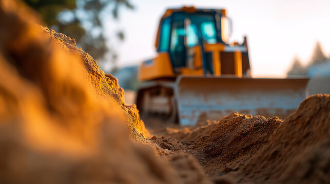A bulldozer performs earthmoving at a sandpit hyper realistic machine details with vivid textures moody shadows on the sand bright saturation in heavy equipment bulldozer opera
