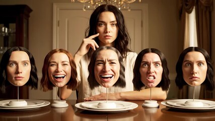 A woman chooses her emotional face examining varied expressions on dining table. She ponders her true self and daily identity. Pretending or authentic living. Psychological masks.