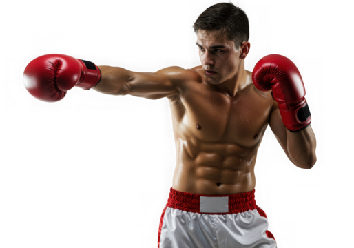 Muscular boxer throwing a punch isolated on transparent background, intense expression