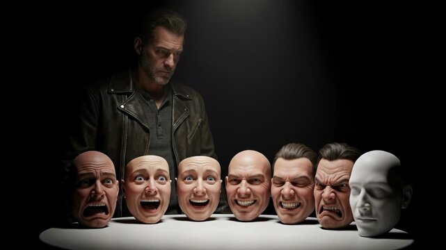Somber man evaluates many emotion masks, pondering daily pretense, a deep psychological struggle between true self and deceptive performed social role identity.