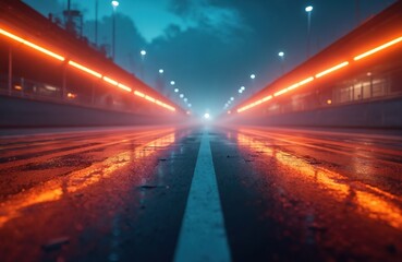 Night race track with blurred motion. Glowing lights and reflections on wet asphalt. Speed concept with racing cars at start line. Motorsports, competition event, vehicle drive.