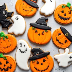 Halloween iced cookies on a gray surface
