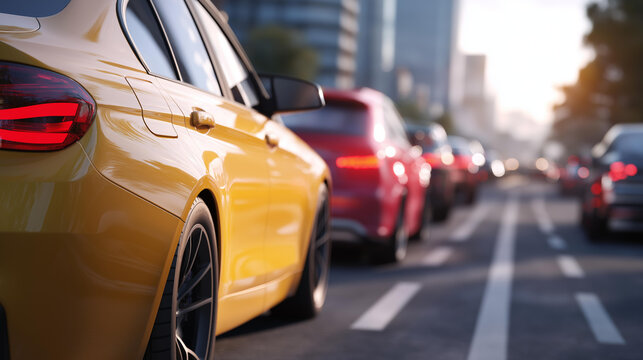 A traffic jam clogs a city street hyper realistic vehicle details with vivid textures moody shadows on the road bright saturation in urban elements traffic jam urban