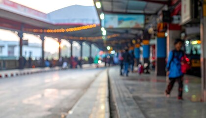 Fototapeta premium A blurred, public transport station, with people, under canopies. Soft sunset colors permeate the scene, creating a hazy atmosphere