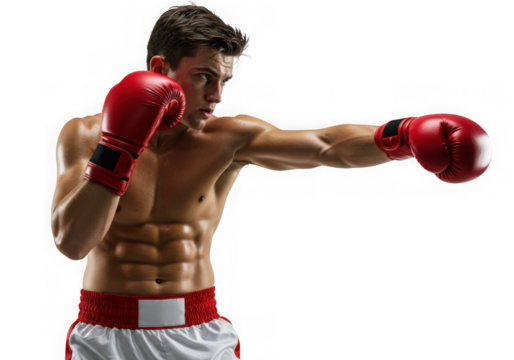 Muscular boxer throwing a punch isolated on transparent background in studio shot