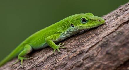 Fototapeta premium Detailed close-up of a vibrant green anole resting on a textured tree bark