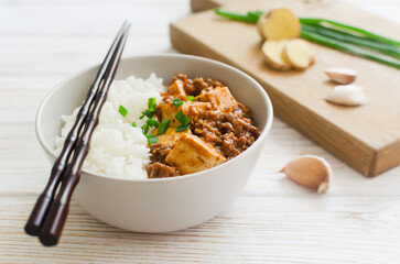 Mapo tofu dish in spicy sauce with minced beef in a ceramic bowl on a white background. Dish from Sichuan province. Traditional Asian food concept. Selective focus. Horizontal orientation.