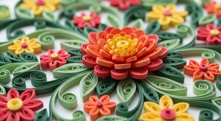 Detailed floral arrangement crafted using paper quilling technique showcasing artistic precision