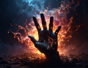 Fiery hand emerging from a volcanic landscape