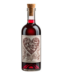 Wine bottle with custom heart shaped label and filled bottle isolated on transparent background for romantic celebration design