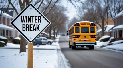 Winter break school holiday sign on snowy suburban street with yellow school bus driving away, education and seasonal vacation concept in American neighborhood during cold wintertime