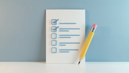 Clean 3D render of a checklist with a yellow pencil. White paper document has blue lines and checked boxes. Minimalist graphic design for business, productivity, planning, and organization tasks.