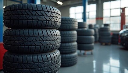 Stack of new car tires in auto repair shop. Rubber wheels with tread pattern are ready for installation service. Automotive parts stored in garage for vehicle maintenance and substitution.