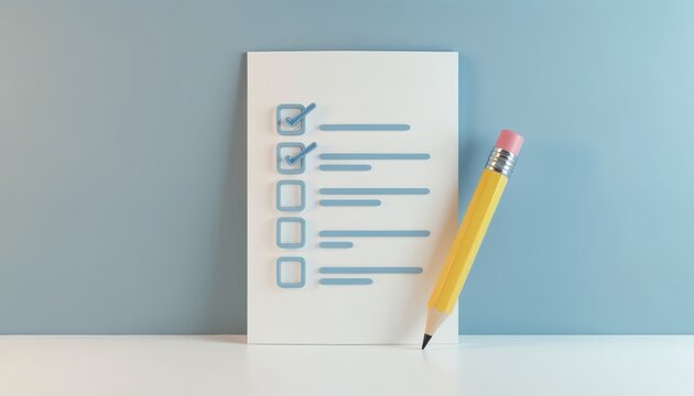 Clean 3D render of a checklist with a yellow pencil. White paper document has blue lines and checked boxes. Minimalist graphic design for business, productivity, planning, and organization tasks.