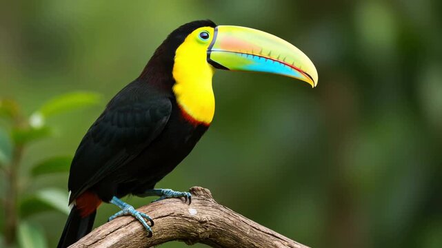 Vibrant Toucan with Bright Beak on Tree Branch Close-up of a toucan sitting on a branch in lush greenery, showcasing tropical bird life