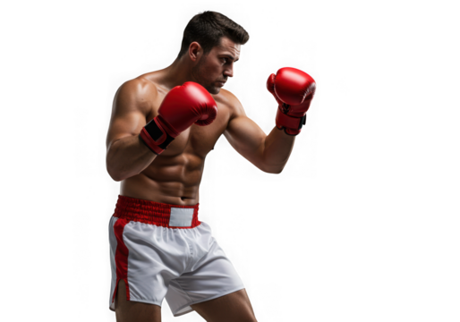 Strong boxer with red gloves isolated on transparent background in fighting stance