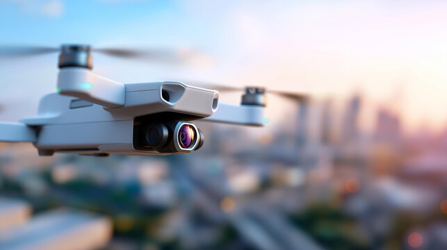 A drone with a camera hovers over a cityscape hyper realistic camera lenses with clear details moody shadows on the drone bright saturation in urban visuals drone photography