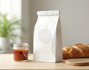 White paper bag mock-up on a wooden table, ideal for bakery branding. Bag has a clean, minimalist design for packaging presentations. Jar with liquid, fresh bread and plant create homey setting.