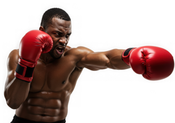 Muscular boxer throwing a punch isolated on transparent background, wearing red gloves