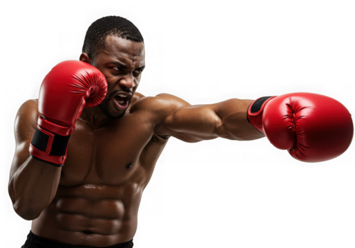 Muscular boxer throwing a punch isolated on transparent background, wearing red gloves