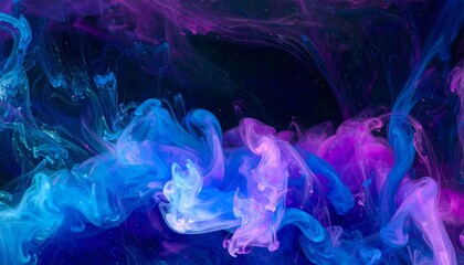 Ethereal clouds of blue and purple ink mixing in dark space, a mesmerizing abstract