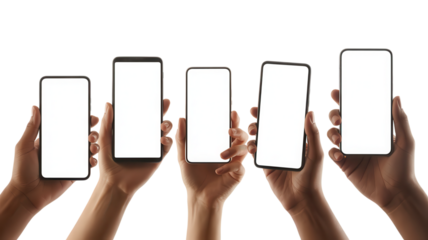 Diverse hands showcasing blank smartphone screens for app promotion and digital marketing campaigns, perfect for technology and communication concepts