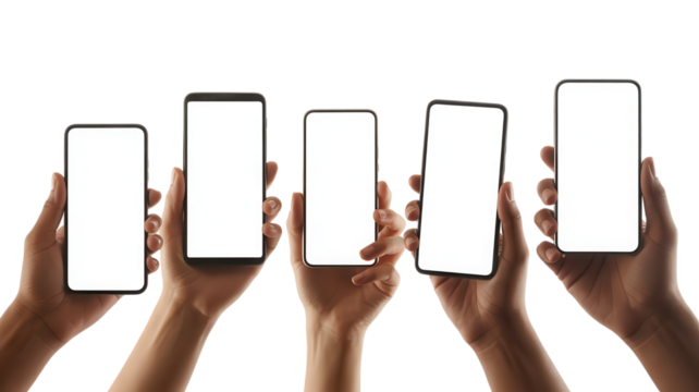 Diverse hands showcasing blank smartphone screens for app promotion and digital marketing campaigns, perfect for technology and communication concepts