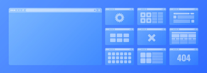Web browser window, transparent pages layout with toolbar and search field. Modern website, internet page. Browser mockup for computer, tablet and smartphone. Adaptive UI. Vector illustration