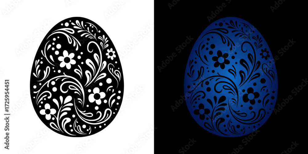 Poster ornate easter egg design with floral patterns, isolated vector image, two design options on a transp